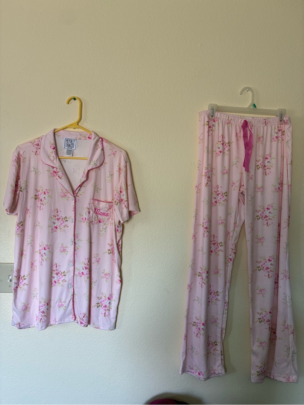 Pink Floral Two-Piece Pajama Set - Mama Embroidered